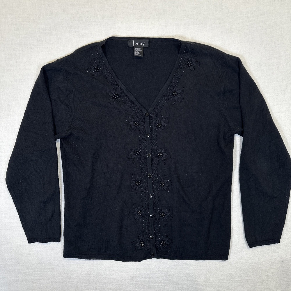 Jenny Black Beaded Floral Sweater Women's Sweater Size Large